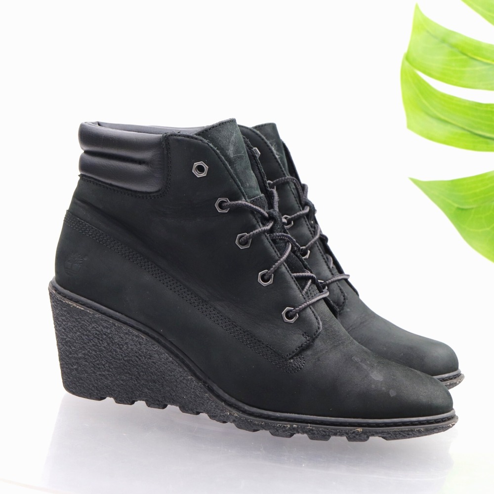 Timberland Earthkeepers Womens Boot Size 8.5 Black Nubuck Wedge Lace Up Lug Sole
